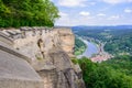 The German village of Hutten. Saxon Switzerland, Germany. View from the fortress Koenigstein. Fortress wall of the fortre Royalty Free Stock Photo