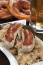 German white sausage with sauerkraut and preztel