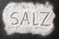 German word SALZ, meaning salt, written in spilled out salt crystals on a dark slate, high angle view from above Royalty Free Stock Photo