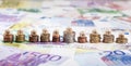 German word Wirtschaft on coin stacks, cash background Royalty Free Stock Photo
