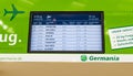 Germania Airlines green timetable for departures arrivals Airport Bremen Germany