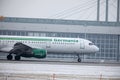 Germania jet plane in Munich Airport, MUC, cabin view, snow