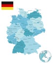 Germany administrative blue-green map with country flag and location on a globe