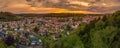 Germany, Albstadt at the Schwaebische Alb skyline of medieval city illuminated by the dawn, aerial view above roofs and