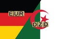 Germany and Algeria currencies codes on national flags background