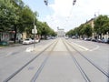 Germany, Augsburg , July 14.th 2018 11 o` clock 35 minutes. View into the Fugger Strasse, in the middle of the street tram rails