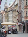 Germany, Augsburg , July 14.th 2018 11 o` clock 4 minutes, View to along the Maximilianstrasse street with a Street cafe, row wit