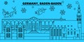 Germany, Baden-Baden winter holidays skyline. Merry Christmas, Happy New Year decorated banner with Santa Claus.Germany