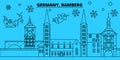 Germany, Bamberg winter holidays skyline. Merry Christmas, Happy New Year decorated banner with Santa Claus.Germany