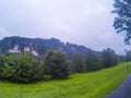 Germany, Bastei: View from viewpoint of Bastei in Saxon Switzerland, to Elbe river and Kurort Rathen