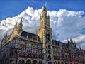 Germany, Bavaria, Munich, Marienplatz. View of City hall Neues Rathaus in the city center of the Bavarian capital with blue sky. Royalty Free Stock Photo