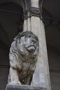 Germany. Bayern. Munich. Statue of a warrior and the lions in Feldherrnhalle