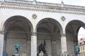 Germany. Bayern. Munich. Statue of a warrior and the lions in Feldherrnhalle