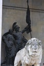 Germany. Bayern. Munich. Statue of a warrior and the lions in Feldherrnhalle