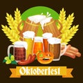 Germany beer festival oktoberfest, bavarian beer in glass mug, traditional party celebration, vector illustration