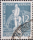 GERMANY, Berlin - CIRCA 1949: a postage stamp from Germany, Berlin in gree color showing the Postmaster Heinrich von Stephan Text: Royalty Free Stock Photo