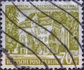 GERMANY, Berlin - CIRCA 1954: a postage stamp from Germany, Berlin showing Berlin buildings: Hunting castle Grunewald. olive green