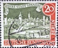 GERMANY, Berlin - CIRCA 1957: a postage stamp from Germany, Berlin showing City view of Spandau around 1850. 725 years of the city Royalty Free Stock Photo