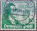 GERMANY, Berlin - CIRCA 1949: a postage stamp from Germany, Berlin in gree color showing a portrait of Johann Wolfgang von Goethe.