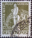 GERMANY, Berlin - CIRCA 1949: a postage stamp from Germany, Berlin in olive green color showing the Postmaster Heinrich von Stepha