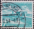 GERMANY, Berlin - CIRCA 1954: a postage stamp from Germany, Berlin showing Berlin buildings:Exhibition halls at the radio tower. G