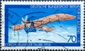 GERMANY, Berlin - CIRCA 1978: a postage stamp from Germany, Berlin showing a historic motor plane with a propeller Text: Etrich Ru