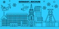 Germany, Bochum winter holidays skyline. Merry Christmas, Happy New Year decorated banner with Santa Claus.Germany Royalty Free Stock Photo