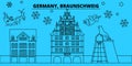 Germany, Braunschweig winter holidays skyline. Merry Christmas, Happy New Year decorated banner with Santa Claus.Germany