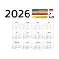 Germany calendar 2026. Week starts from Monday. Vector graphic design.