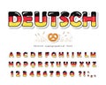 Germany cartoon font. German national flag colors. Paper cutout glossy ABC letters and numbers. Bright alphabet for