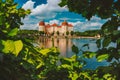 Germany. Castle Moritzburg in Saxony near Dresden in warm day light. Framed by spring lush foliage leaves in foreground. Pond