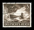 GERMANY - CIRCA 1943: German historical stamp: u-boat type VII A, the most common submarine Kriegsmarine, the enemy ship is burnin