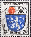 GERMANY - CIRCA 1945: a postage stamp from Germany, the French zone showing SaarbrÃÂ¼cken`s coat of arms