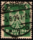 GERMANY - CIRCA 1924: postage stamp 5 German rentphening printed by Germany, shows New imperial eagle, stylized heraldic animal,