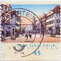 GERMANY - CIRCA 2007 : a postage stamp from Germany, showing a panorama of the historic city in Bavaria FÃÂ¼rth. 1000 years