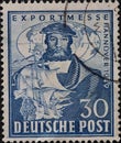 GERMANY - CIRCA 1949: a postage stamp printed in Germany for the 1949 Hanover export fair and shows the Cologne councilor and Stal Royalty Free Stock Photo