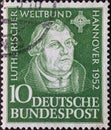 GERMANY - CIRCA 1952: a postage stamp printed in Germany showing an image of of Martin Luther from the occasion of the Lutheran Wo