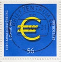 GERMANY - CIRCA 2002 : a postage stamp from Germany, showing a euro symbol for cash. Introduction of the euro currency on January