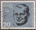 GERMANY - CIRCA 1964: a postage stamp showing a portrait of Dietrich Bonhoeffer who was a resistance fighter against Adolf Hitler. Royalty Free Stock Photo