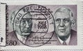 GERMANY - CIRCA 1988: a postage stamp from Germany, showing a portrait of Konrad Adenauer and Charles de Gaulle. Occasion: 25 year