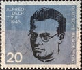 GERMANY - CIRCA 1964: a postage stamp showing a portrait of XXX who was a resistance fighter against Adolf Hitler. 20th anniversar Royalty Free Stock Photo