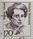 GERMANY - CIRCA 1988 : a postage stamp from Germany, showing a woman from German history the political theorist and publicist Hann