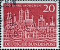 GERMANY - CIRCA 1958: This postage stamp shows the silhouette of Munich Germany. Text: 800 years Munich