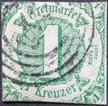 GERMANY - CIRCA 1852 a postage stamp from Thurn and Taxis value 1 Kreuzer green 1852