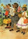 GERMANY - CIRCA 1969: A postcard printed in the GDR shows three hedgehogs who came to visit with gifts and congratulations. CIRCA
