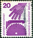 GERMANY - CIRCA 1971: A stamp printed in Germany from the `Accident Prevention` issue shows unguarded machinery Factory Safety,