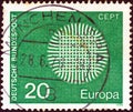 GERMANY - CIRCA 1970: A stamp printed in Germany from the `Europa` issue shows a flaming sun, circa 1970. Royalty Free Stock Photo