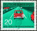 GERMANY - CIRCA 1971: A stamp printed in Germany from the `New Road Traffic Regulations 2nd series` issue shows lane discipline