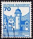 GERMANY - CIRCA 1977: A stamp printed in Germany shows Mespelbrunn castle, circa 1977. Royalty Free Stock Photo