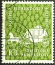 GERMANY - CIRCA 1957: a stamp printed in the Germany shows Coach, centenary of the death of Joseph V. Eichendorff, poet Royalty Free Stock Photo
